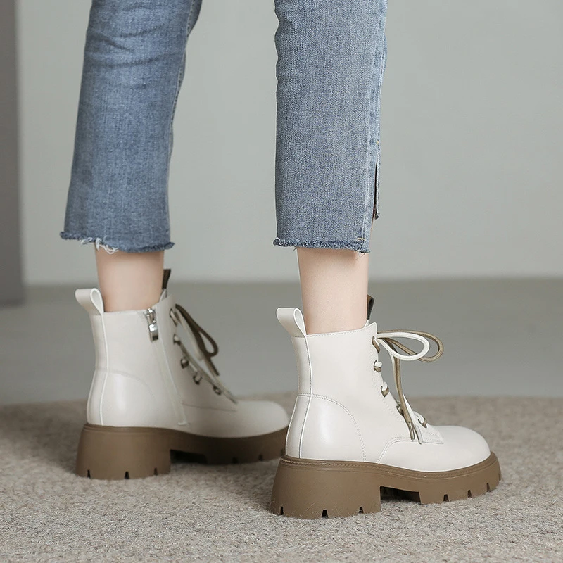 JOZHAMTA Size 34-40 Women Ankle Flatform Real Leather Thick Heels Shoes Woman Lace-Up Winter Ins Fashion Platform Boots