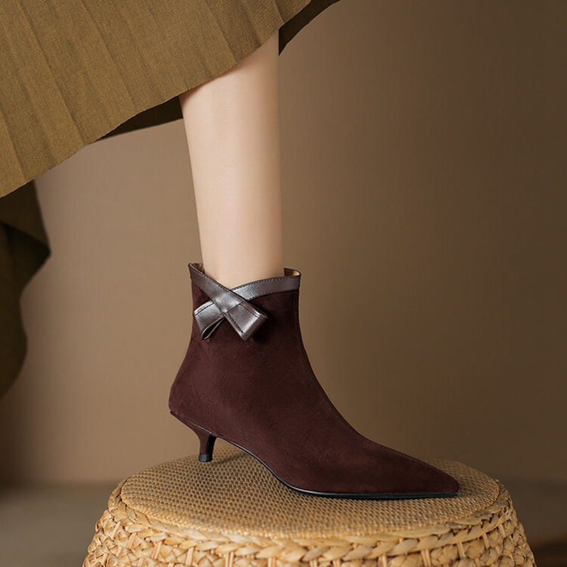 Autumn NEW Sheep Suede Leather for Women Pointed Toe Ankle Bow-knot Shoes Black Kitten Heel Modern Boots 5d3d