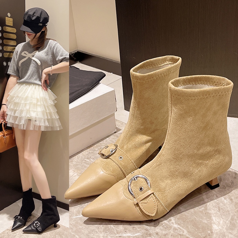Spring AutumnFashion Pointed Toe Ankle Boots Suede Slip on Short Botas Ladies Elegant High Heel Shoes Women's Pumps 9d5c