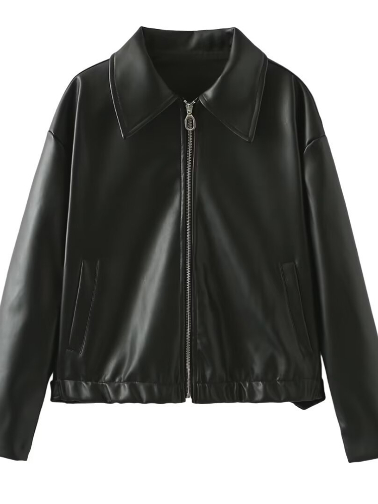 Aoaiiys Faux Leather Jackets For Women Zipper Coats Autumn Winter Turn-Down Collar Jacket New Warm Fashion Streetwear Outerwears