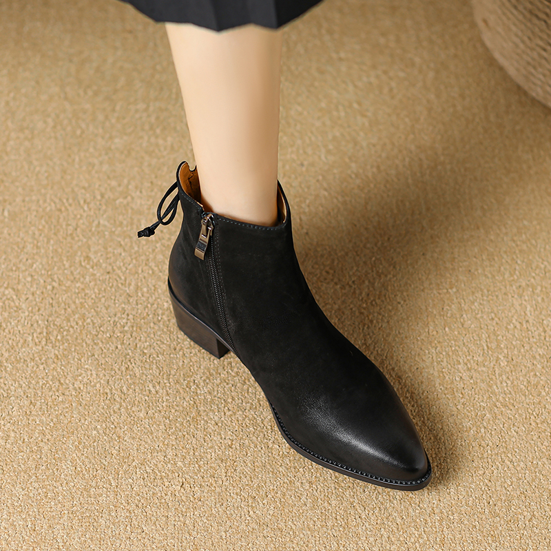 2024 Autumn Ankle Pointed Toe Women Western Boots Genuine Leather Office Lady Shoes 4bb3