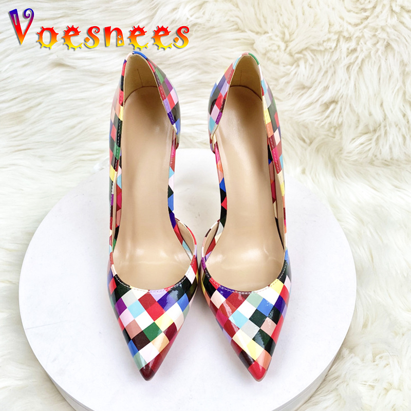Summer Colorful Grid High Heels Pumps High Quality 12CM Party Women Shoes Club Fashion Slip-on Pointed Toe Stilettos Plus Size