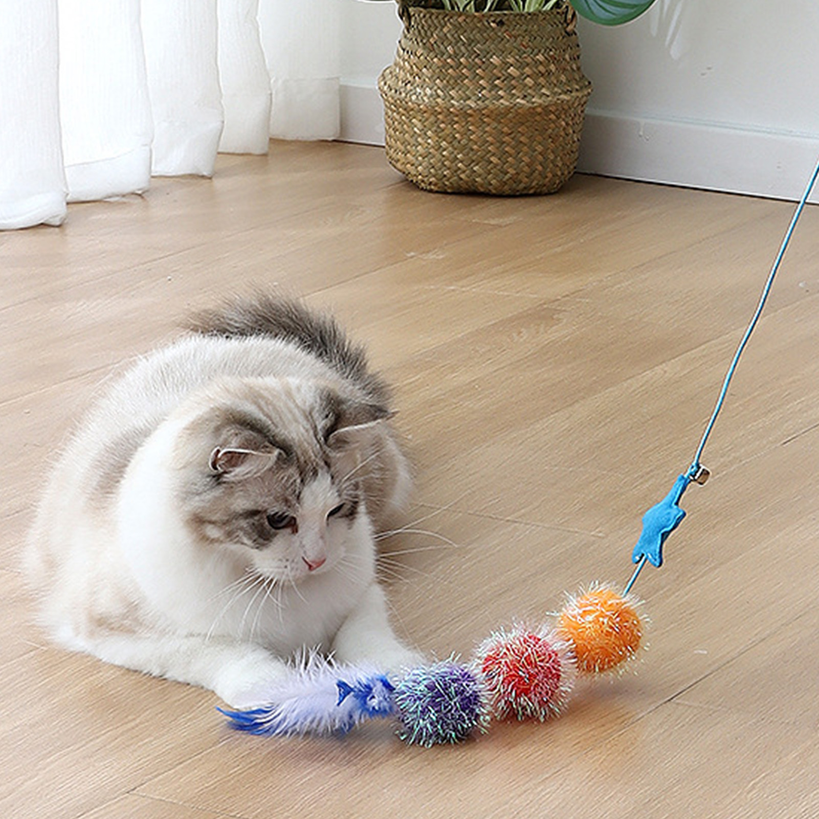 Felt Star Feather Teaser Stick Colorful Soft Hairball Star Cat Teaser Stick For Home Blue