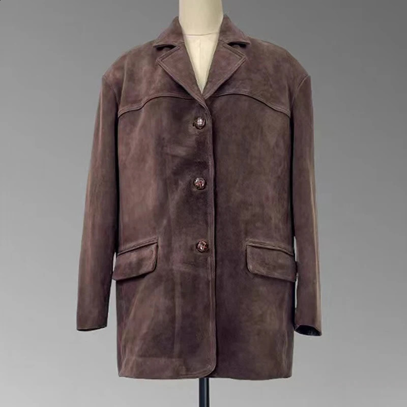 Retro Panther Caramel Suede Womens Jacket Loose Set High end Leather Medium length 240906