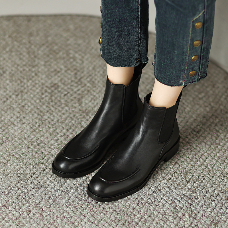 2024 Autumn Genuine Retro Women Shoes Round Toe Chunky Heel Winter Female Leather Boots a908