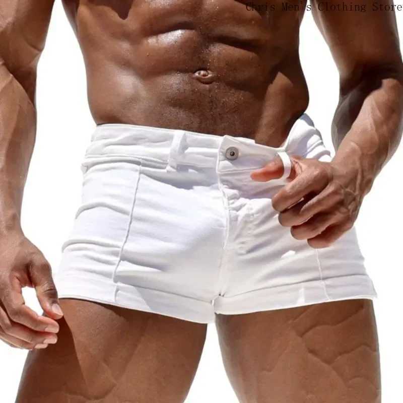 Sports Casual Jeans Summer Shorts Mens Tight Short Shorts Zipper Stretch Slim Mens Shorts Gym and Fitness Training Trousers Y240914
