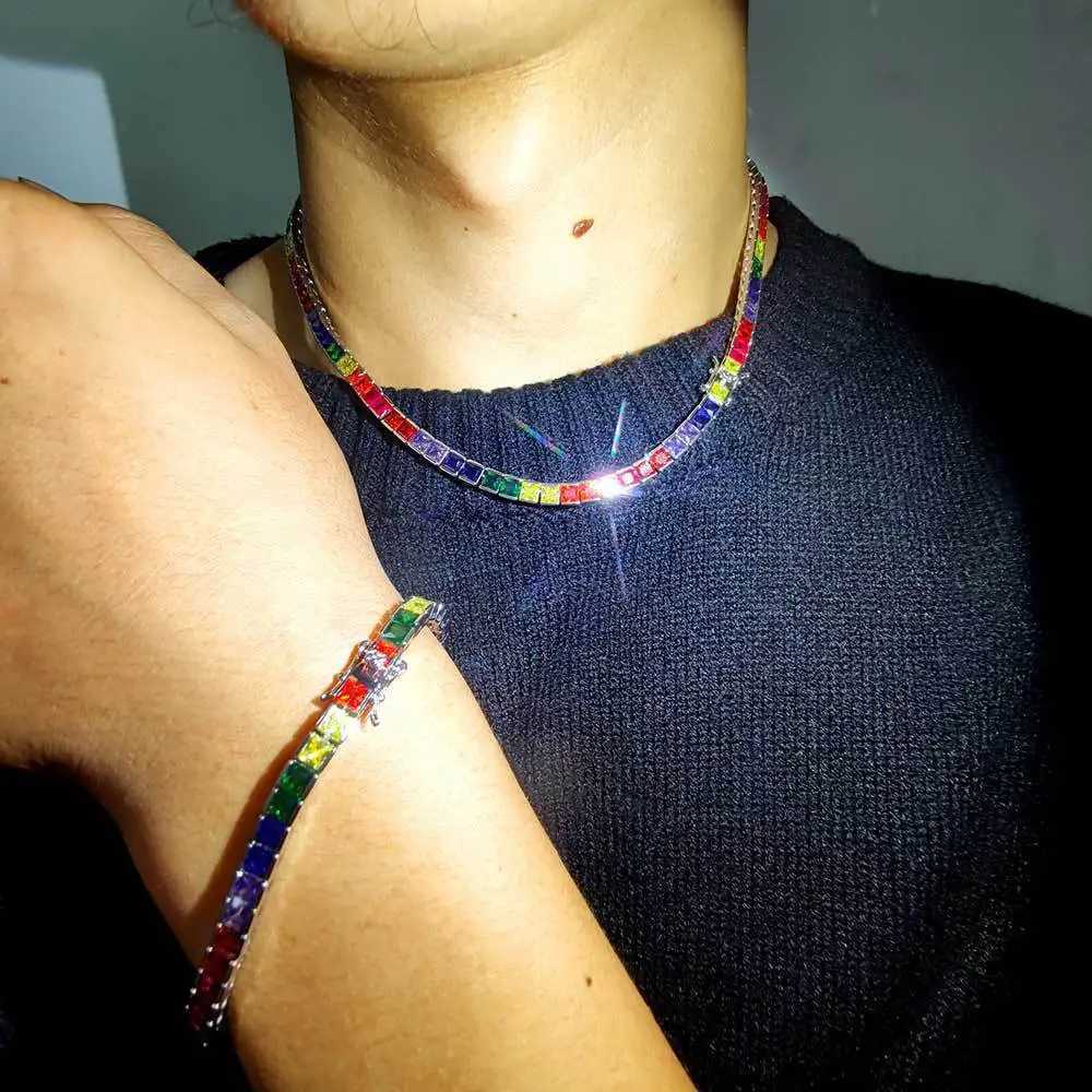 Pendant Necklaces 16-24 inch necklace and 7-9 inch bracelet mens/womens hip-hop jewelry 4mm square rainbow zircon tennis chain J240909
