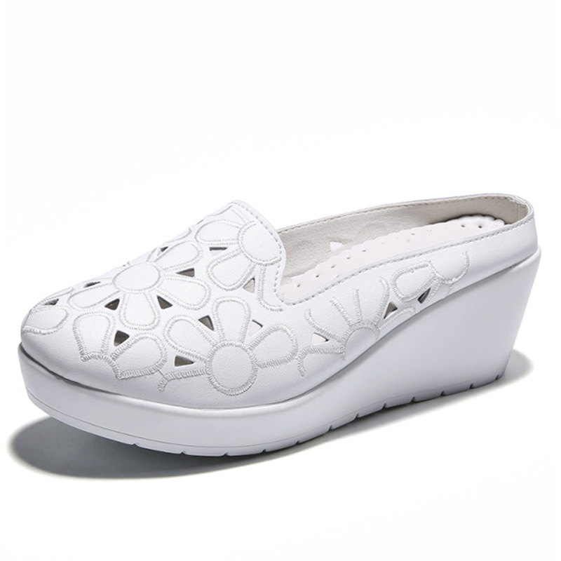 YAERNI Summer Woman Flip Flop Hollow Out Baotou Sandals Cowhide Embroidered Single Shoes Slope Heel Thick Bottom Light Women's