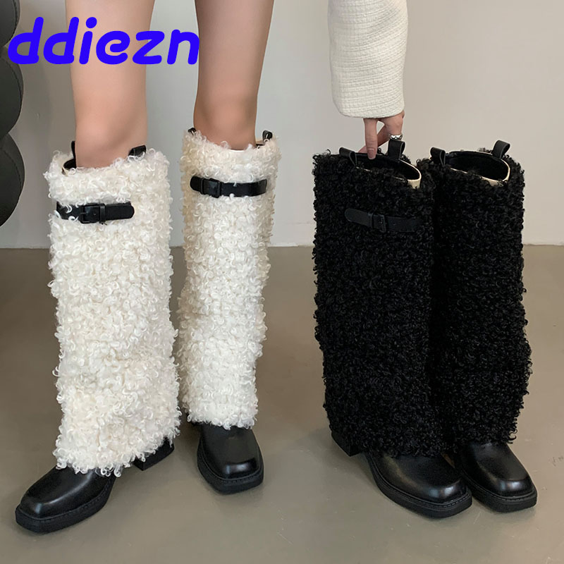 New Fashion Fur Women Modern Knee High Boots Female Warm Designer Furry Footwear Ladies Long Booties With Heels Shoes