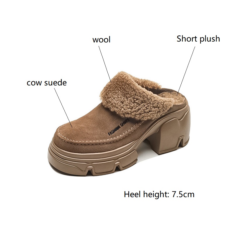 Winter Cow Suede Wool Mules Platform Shoes for Women Round High Heels Chunky Heel Cover Toe Slippers