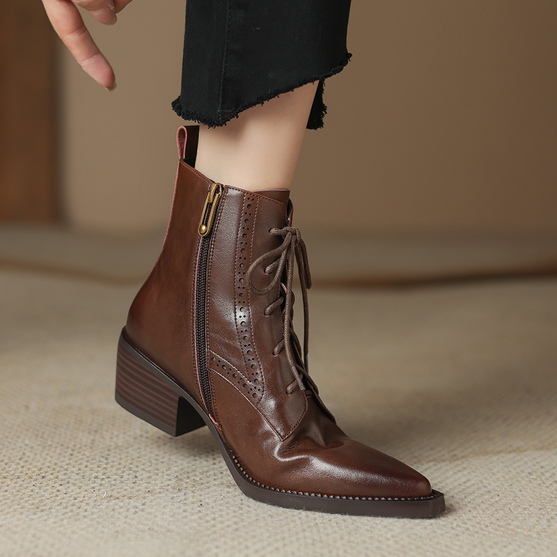 2024 New Autumn Women Boots Pointed Toe Women Shoes Chunky Heel Ankle Boots Winter Western Boots Cowboy Boots Genuine Leather