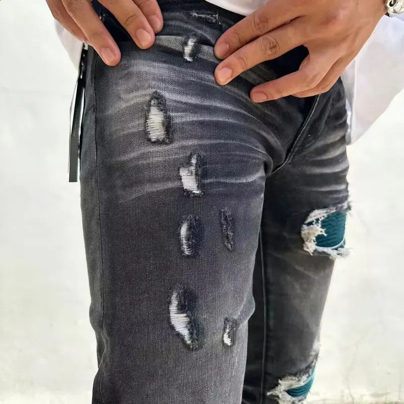High Street Fashionable Mens Jeans Retro Stretch Slimming Ripple Black Grey Jeans Mens Green Patch er Hip Hop Pant 240913