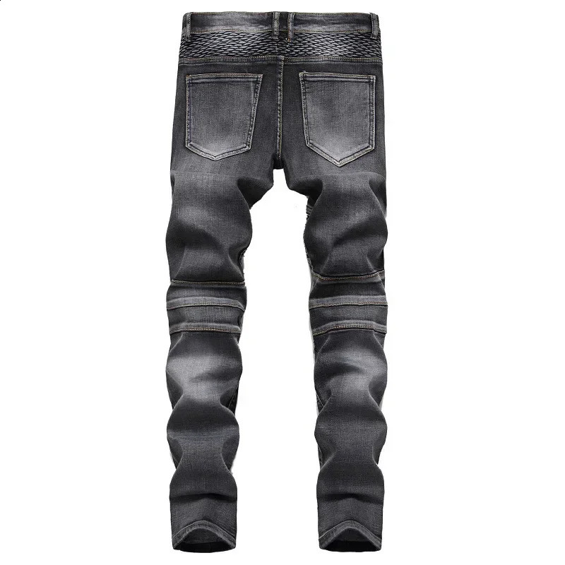 Mens Patchwork Vintage Biker Jeans Hip Hop Slim Straight Elastic Cycling Denim Pants Male Fashion Streetwear Trouser 240902