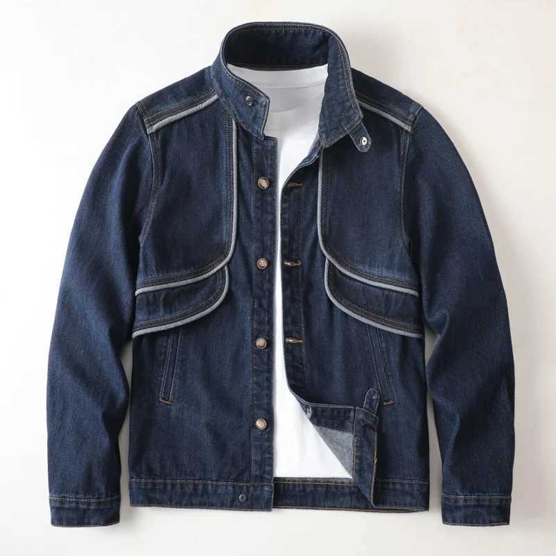 2024 autumn and winter new high-end American retro loose jacket personalized splicing mens denim top blue plus size mens clothi W240914