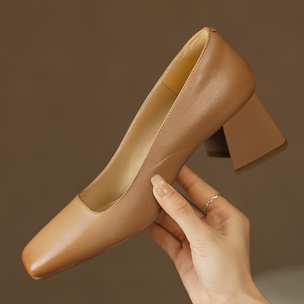 Autumn 2023 new women's sheepskin thick high heel square toe slip-on pumps New elegant ladies OL style daily dress heeled shoes sale 38ed ed