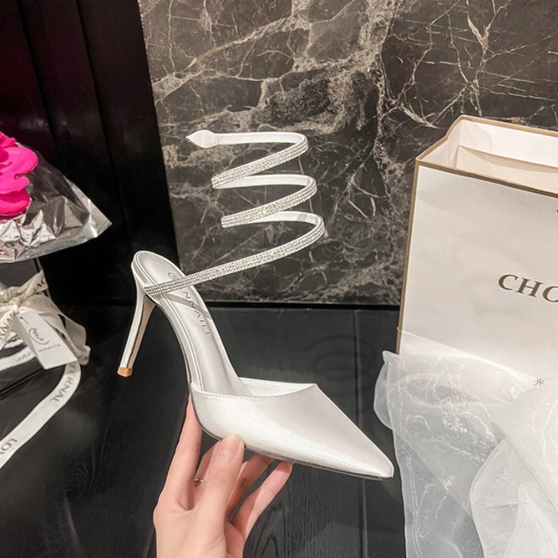 Roman 2024 Sexy Pointy Thin Heel Back New Empty Single Shoe Rhie Snake Wrapped High Heels Wedding Shoes c0d8 s