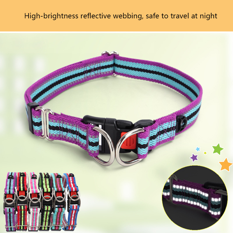 Poly Cotton Pet Collar Adjustable Dog Collar with Reflective Strips and Double D Buckle Suitable for Cats & Small To Medium Dogs