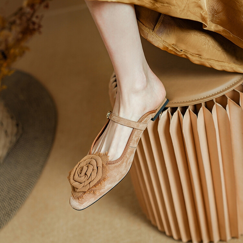 NEW Summer Women Mules Sheep Suede Leather Shoes for Women Square Toe Low Heel Slippers Cover Toe Slingback Flower Green Sandals