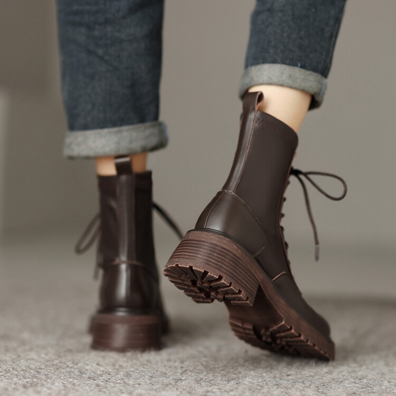 Fall NEW Shoes Stretch Fabric Split Leather Round Toe Chunky Heel for Platform Women Modern Boots 0c02 Platm