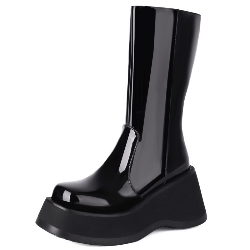 Women's Sexy Mid-calf High Platform Punk Goth Wedge Heels Black Combat Boots Autumn Winter Party Dance Shoes Ladies Brand 1dcd