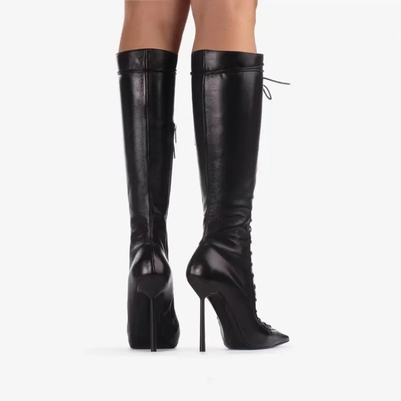 Brand Design Cross Strap Black Red Knee High Autumn Winter Fashion Pointed Spicy Girl Sexy Mid-calf Women Boots Size 34-43