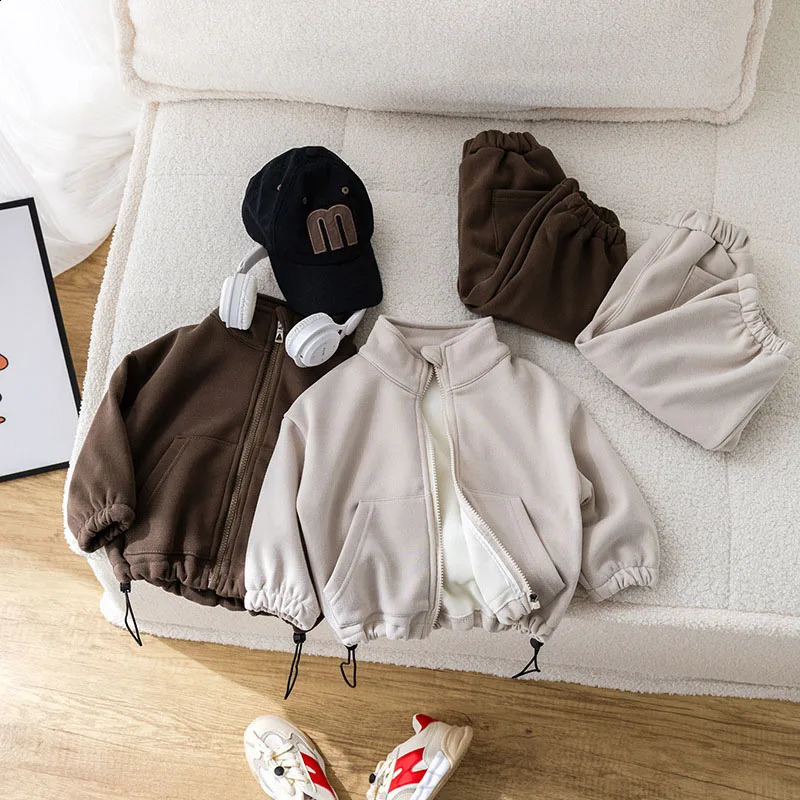 MILANCEL Winter Kids Thicken Clothes Set Girls Cute Solid Color Overcoat Pants Children Sports Suit Outwear 2PCS 240902