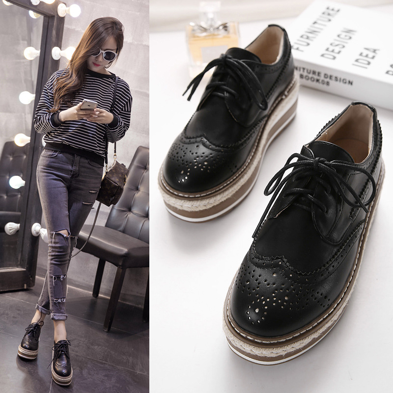 Loafers Women Leather Thick Heels Oxford Female Lace Up British Style New Lady Formal Bullock Shoes Platform Espadrilles 239c