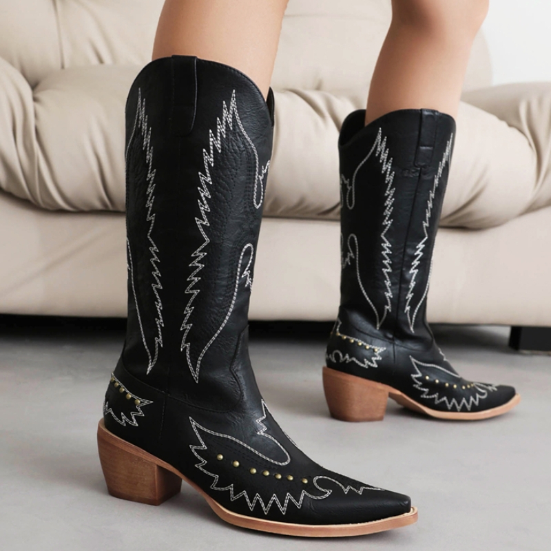 Cowboy Western Cowgirls Boots Women Winter Short Heels Knee High Boot Fashion Black Red Long Party Shoes Female Footwear 109c