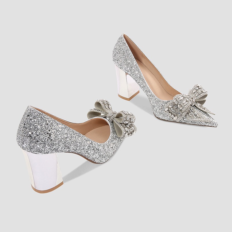 New 2024 Wedding Bride Shoes Dress Bridesmaid High Heels Sequin Crystal Bow Pumps b850 smaid