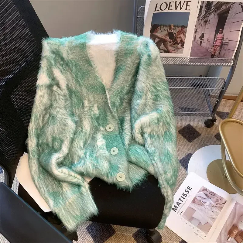 Korean Lazy Plush Knitted Cardigan Sweater Female Top Spring and Autumn Season Long Sleeve V Neck Soft Knit 240904