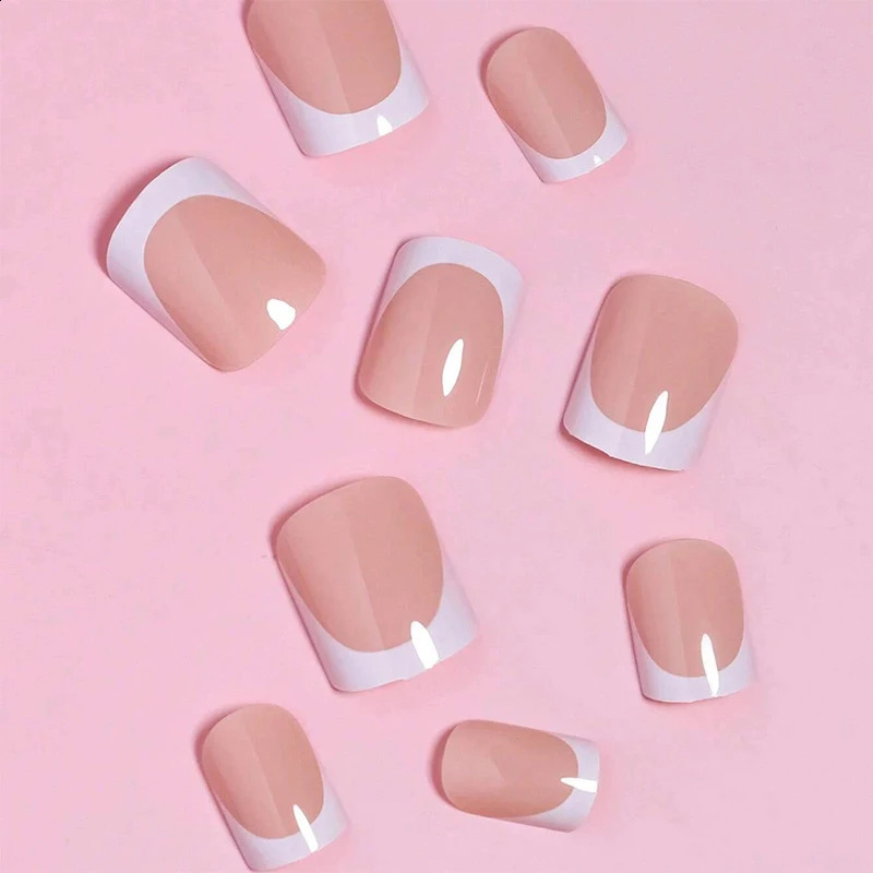 Short False Nail French Style Square White Pink Cute High Penetration Press Type Nail Semi Curing Jelly Gel Nail Piece 240914