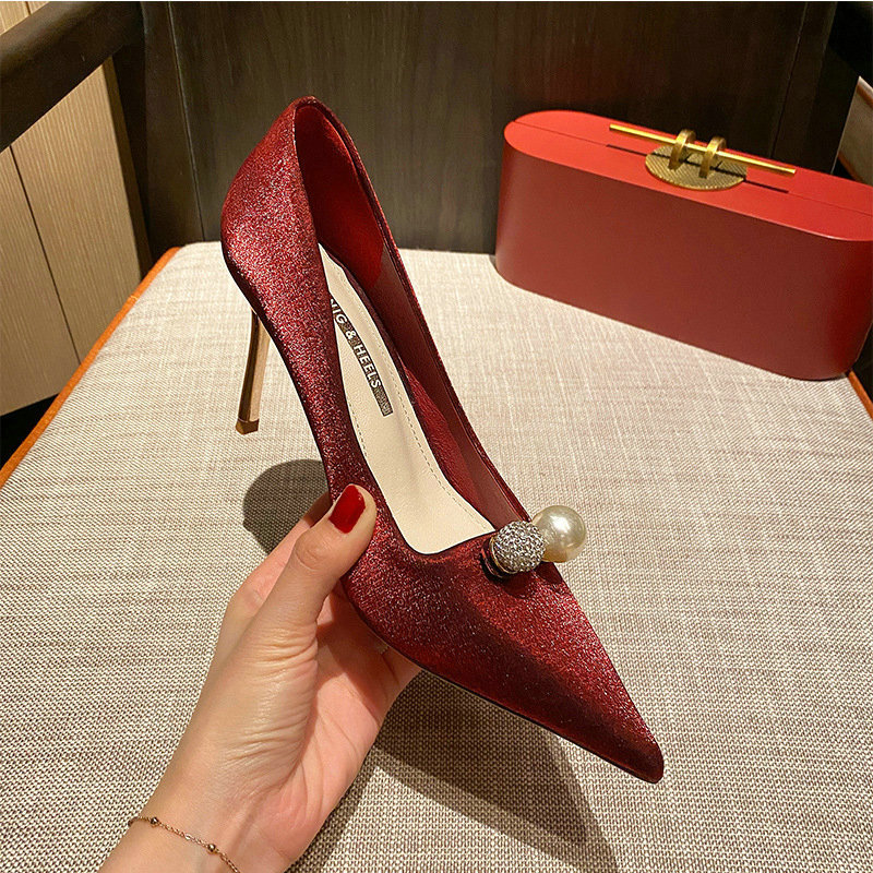 2024 Brand Wedding Shoes Female Pearl Rhinestone Crystal Shoes Stiletto Red Bridal Shoes High Heels