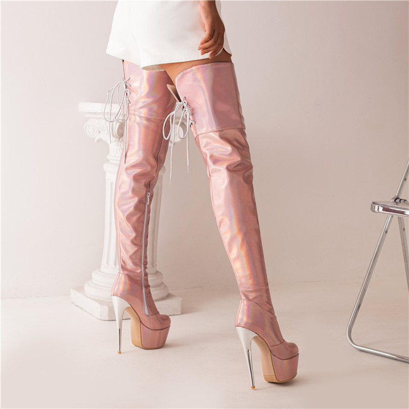 Over Sexy the Knee High Women Platform Fetish Dance Nightclub Shoes Female Black Pink Sier Heels Long Boots Plus Size 51fc