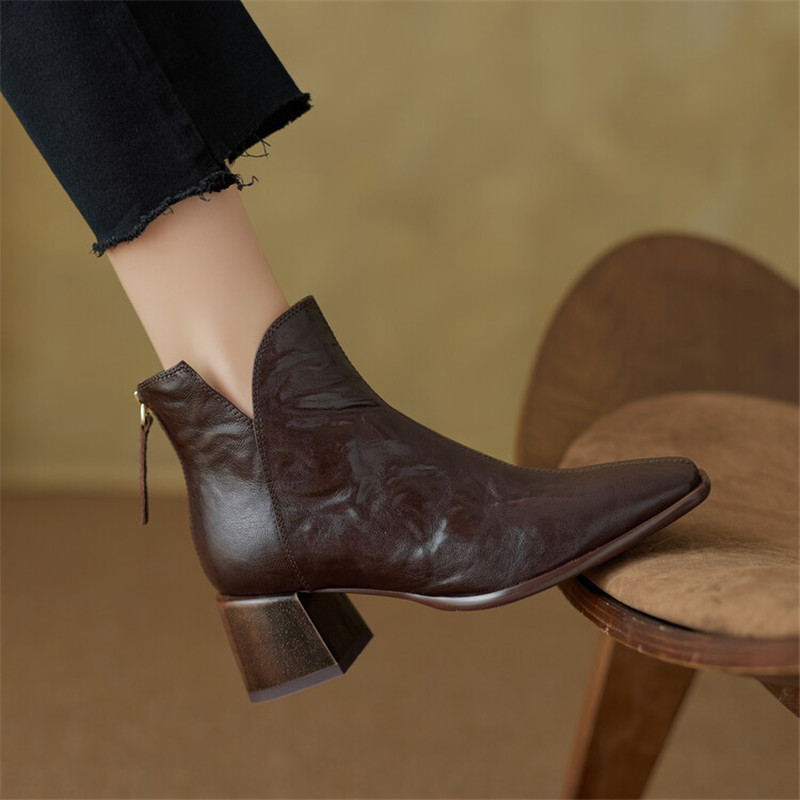 NEW Autumn Winter Genuine Leather Boot Fashion Short Boots Square Toe Chunky Shoes for Women High Heels Botas De Mujer