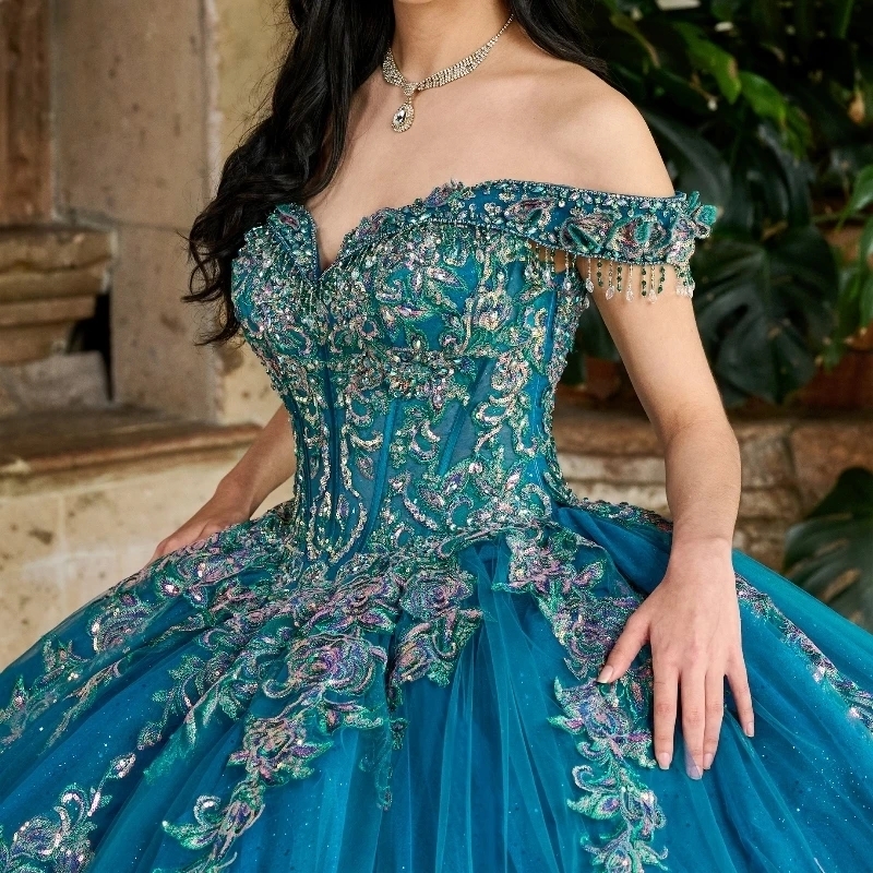 Sea Blue Princess Quinceanera Dresses Off Shoulder Lace Applique Beading Crystal Tull Corset Sweet 16 Dress Birthday Party Vestidos De 15 Anos