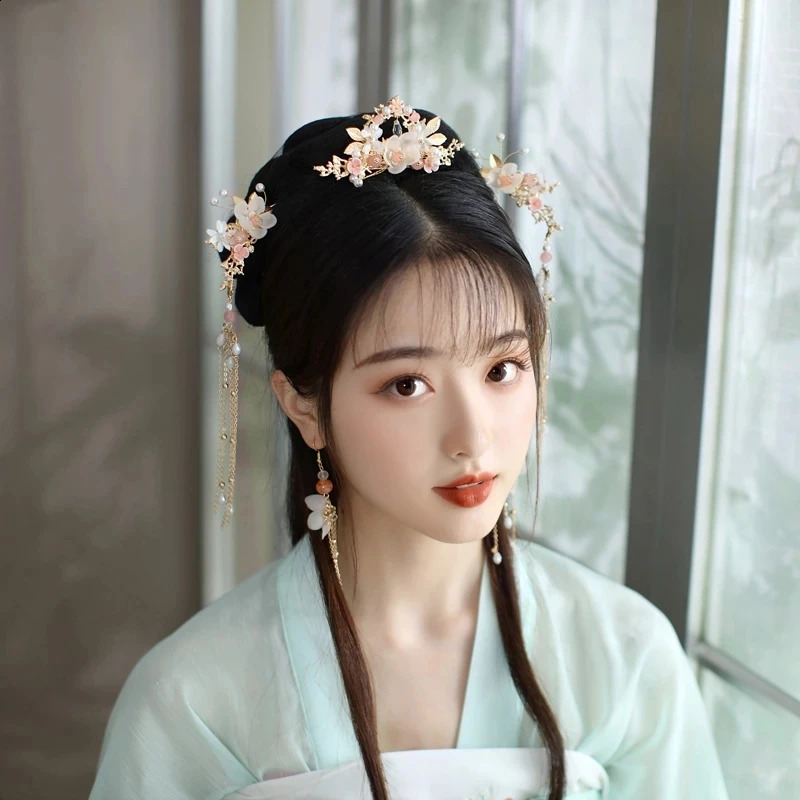 Chinese Hanfu Hair Accessories Set Long Fringed Vintage Hairpins Flower Handmade Sticks For Women Traditional Retro Jewelry 240903