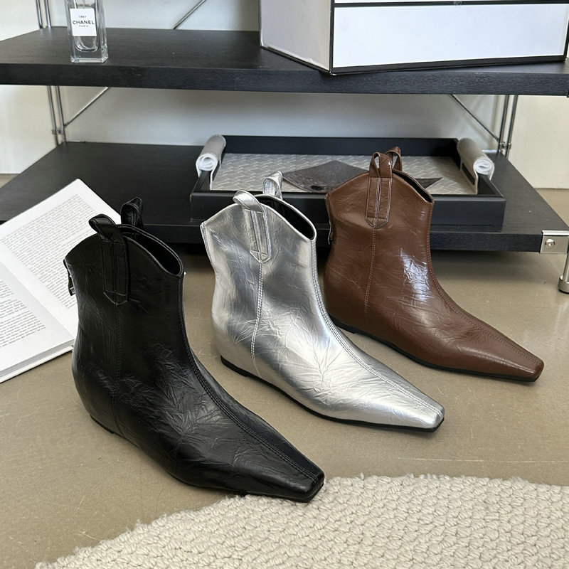 Black 2024 Women's Wedges Pointed Zip Inside V-cut Short Boots 6336