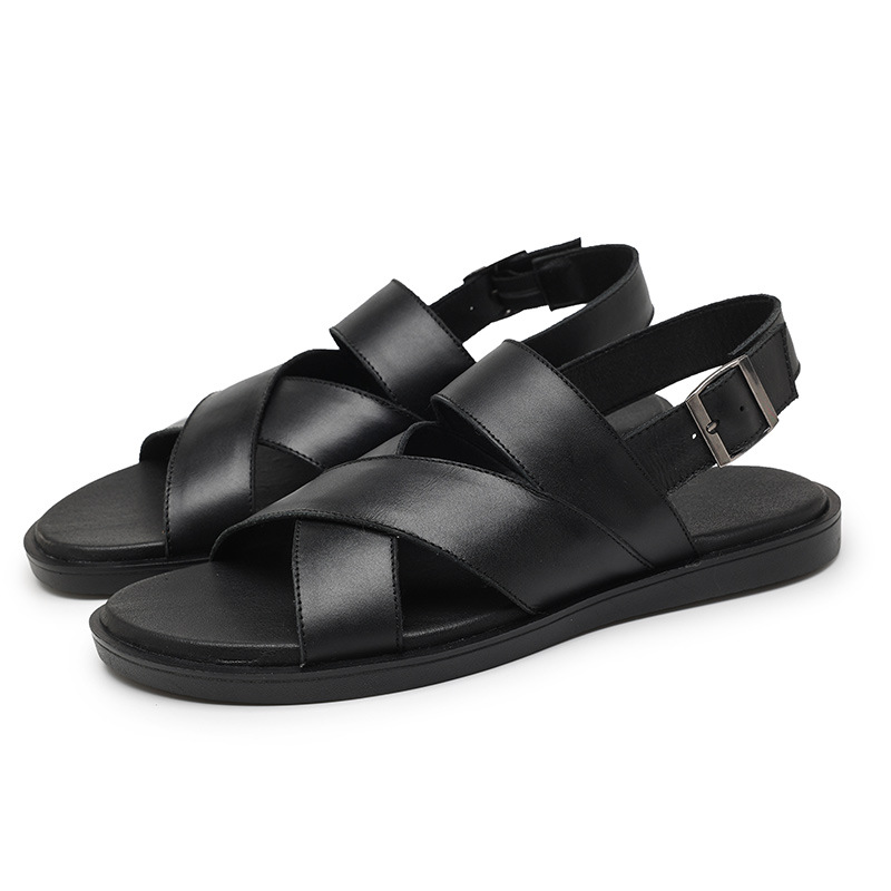 Trend Men Genuine Leather Sandals Summer Breathable Black Leather Casual Sandals Fashion Flats Lightweight Sandals Business Shoe