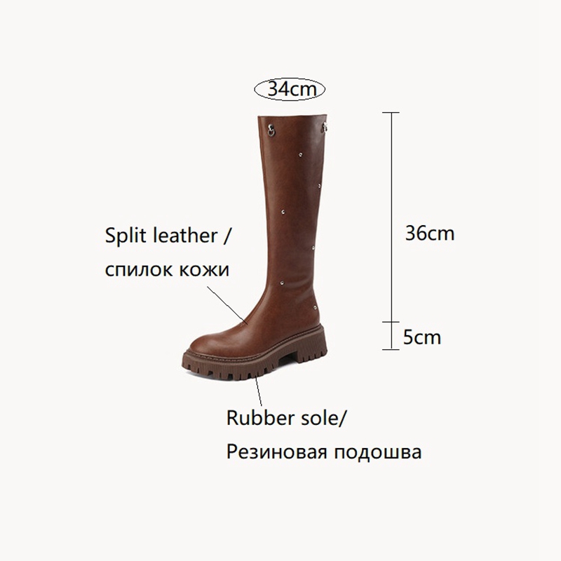Autumn NEW Split Leather Shoes for Women Round Toe Chunky Long Thick Heel Knee-High Riding Boots a13b