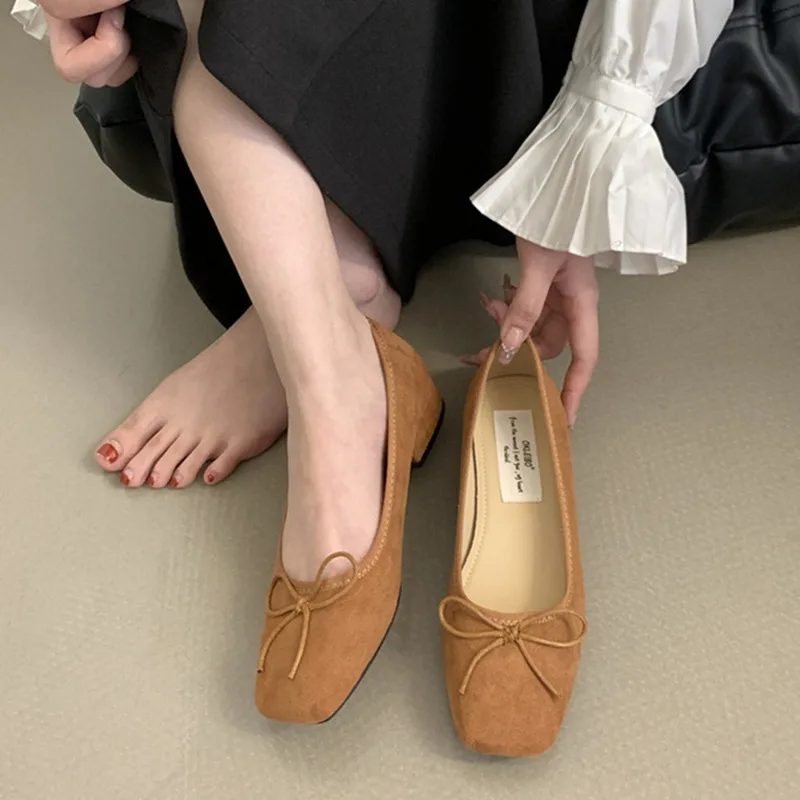 Retro Suede Woman Shoes Elegant Shallow Mouth Square Toe New Dress Slip on Laofers Chunky Low Heel Elegant Solid Moccasin Pumps