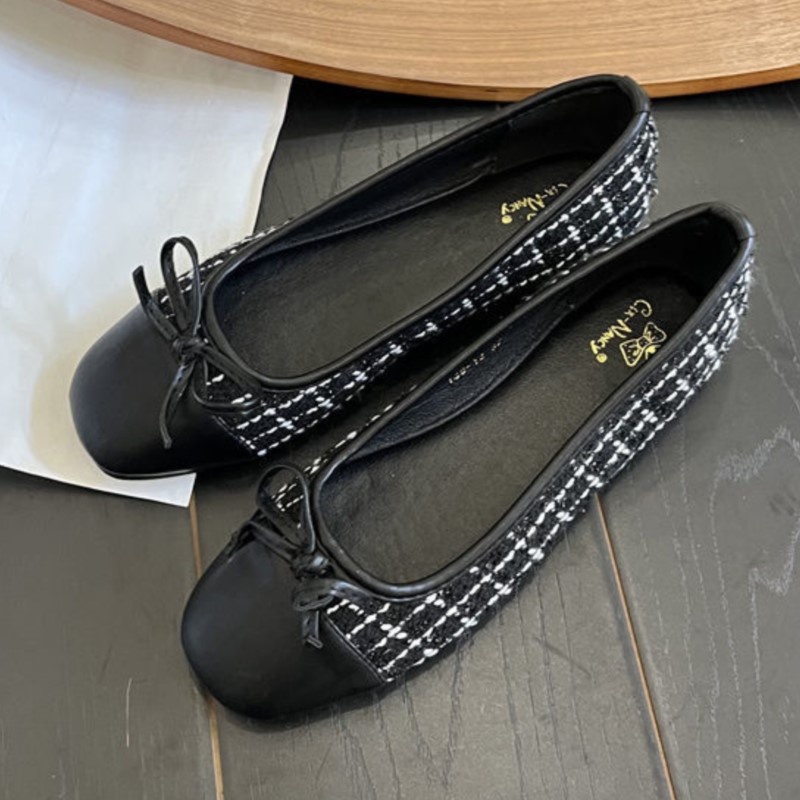 Plus Size Women's Flats Square Toe Boat Shoes Costume Tweed Slip on Shoes for Female Plaid Jacquard Fabric Ballet Flats 1575N