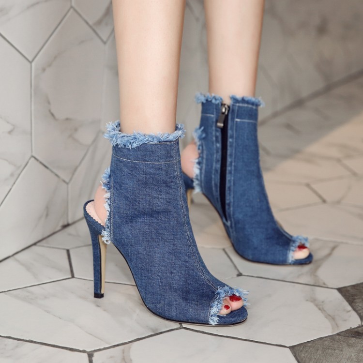 High Heels Women Sandal Summer 2024 Fashion Denim Peep Toe Size Zip Women's Sandal Lady Dress Party Shoes