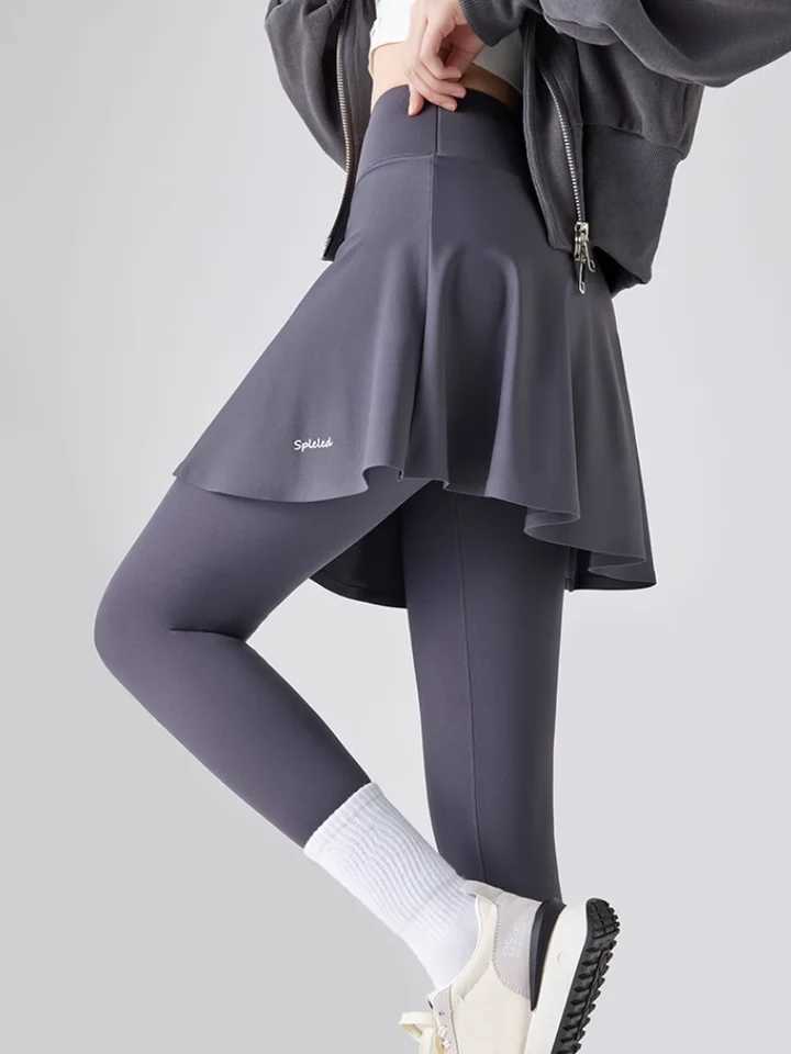 Fleece Leggings Autumn Winter A-Skirt Warm Fake Two-Piece Shark Pants Women High Waist Sports Yoga Seamless LeggingsX240914