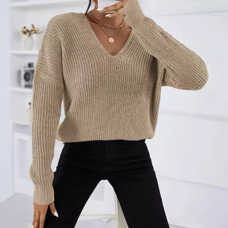 dongdumaoyi New women's style V-neck sweater fashionable long sleeved knitted sweater loose solid color knitted top F0914#42