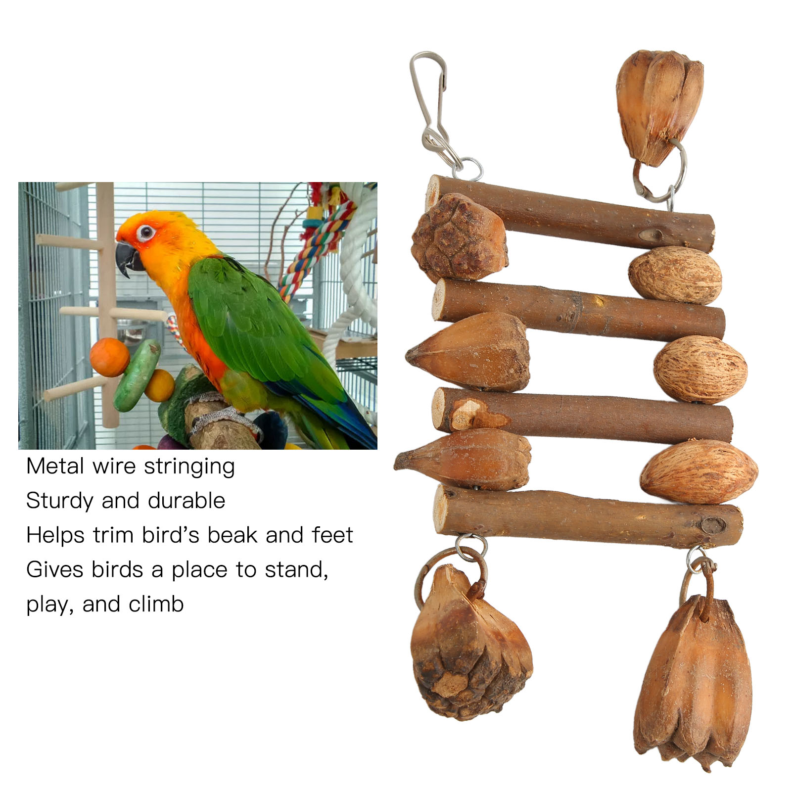 Bird Chew Toys Natural Logs Nuts Hand Crafted Parrot Cage Bite Toy For Macaw Lovebirds Parakeet Cockatiel