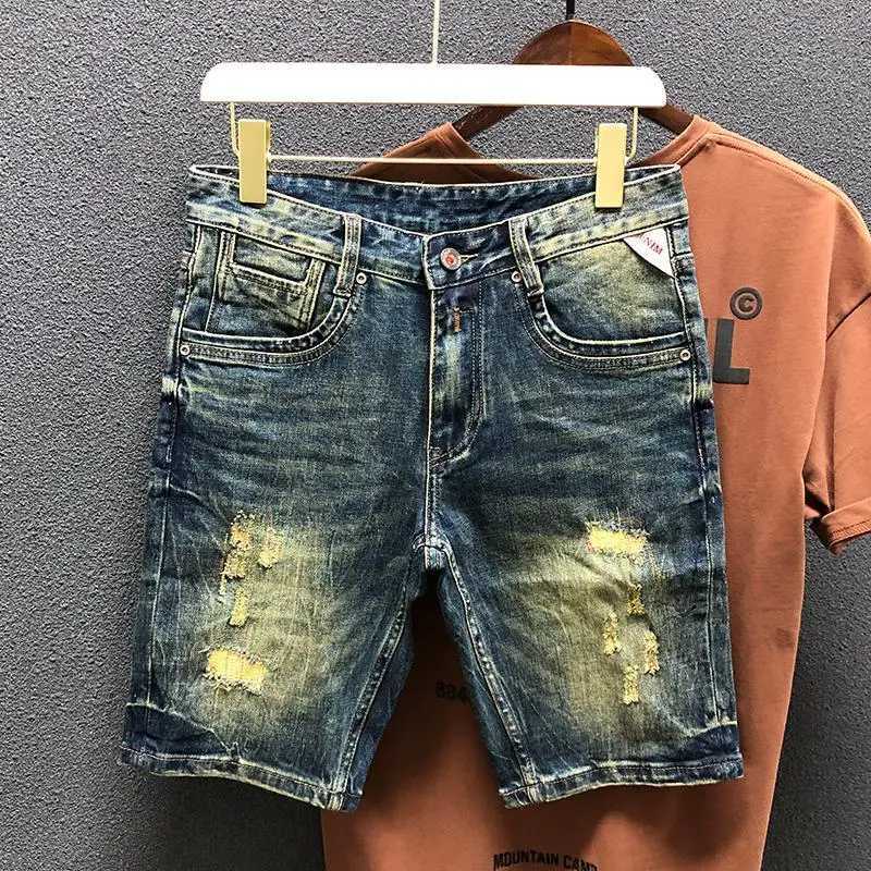 New Kpop Ripped Luxury Designer Summer Pants Mens Denim Shorts Vintage Denim Shorts for Men Summer Casual Knee Length JeansX240914