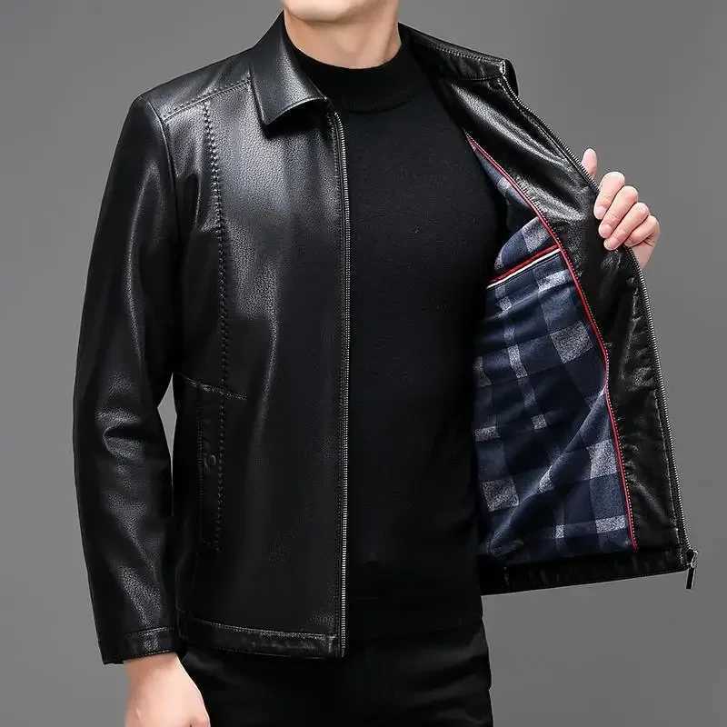 Autumn Mens New Lapel Lychee Patterned Short Slim Fitting Leather Jacket Motorcycle JacketX240913