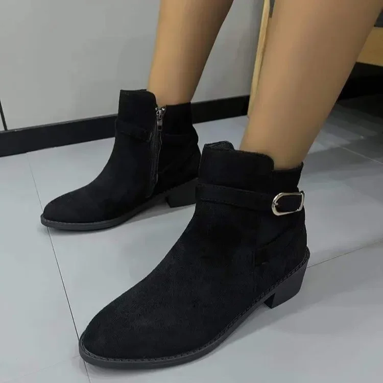 Fashion Suede Chunky Heeled Women's Ankle New Pointed Toe Side Zipper New Short Boots Woman Retro Booties Large Size 43 c536
