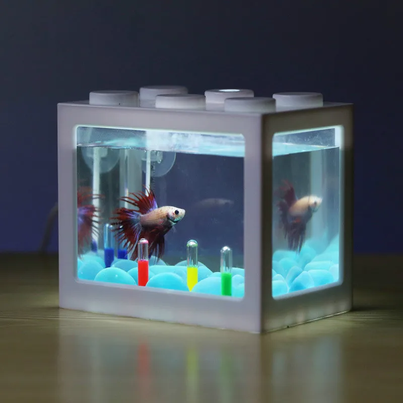 USB Mini Fish Tank Betta Mini Aquarium with LED Light Creative Building block home office Tea Table decoration Fish Feeding box