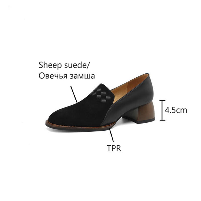 Spring/Autumn New NEW Loafers Sheep Suede Leather for Square Toe Chunky Heel Black Shoes Concise Weave Women Pumps 0f05